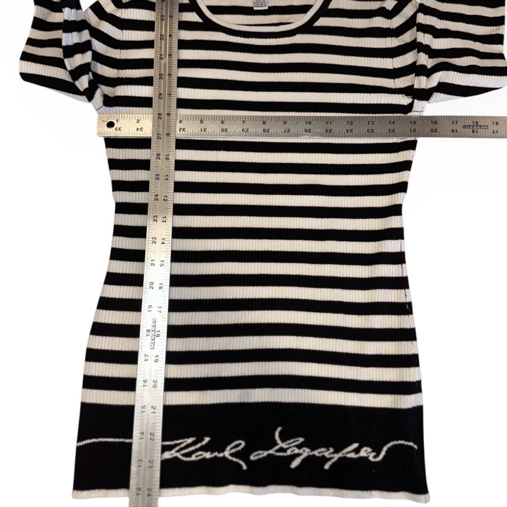 Karl Lagerfeld Paris Women’s Sweater Black & White Striped Ribbed Logo Top Sz S - Picture 6 of 7